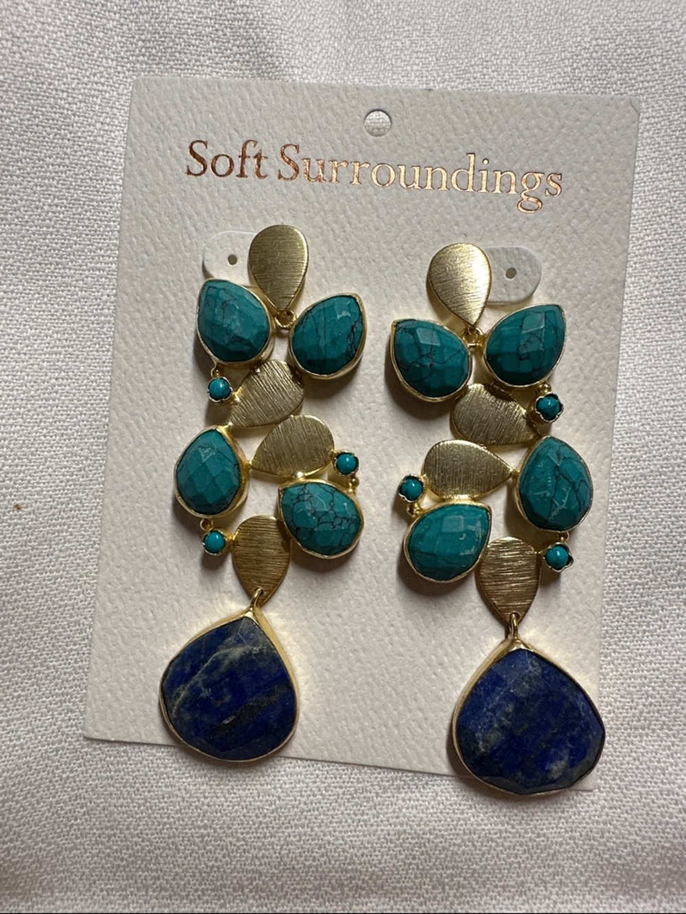 Soft Surroundings Gold-Tone Teardrop Blue & Turquoise Statement Earrings
